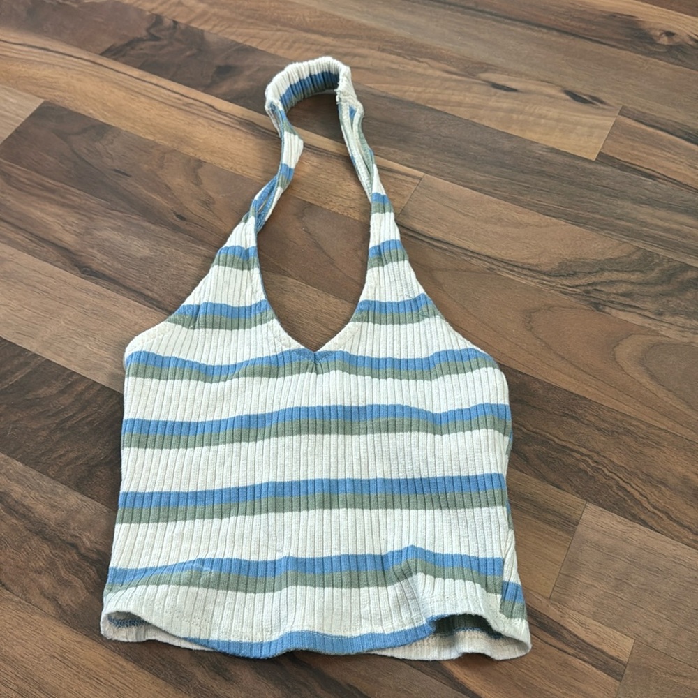 Halter crop top. Blue green and white striped